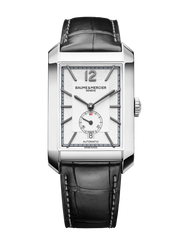 Quadrante argentato opalino con cifre arabe a ore 12 e indici rivettati in rutenio nero dell'orologio Baume & Mercier Hampton 10528